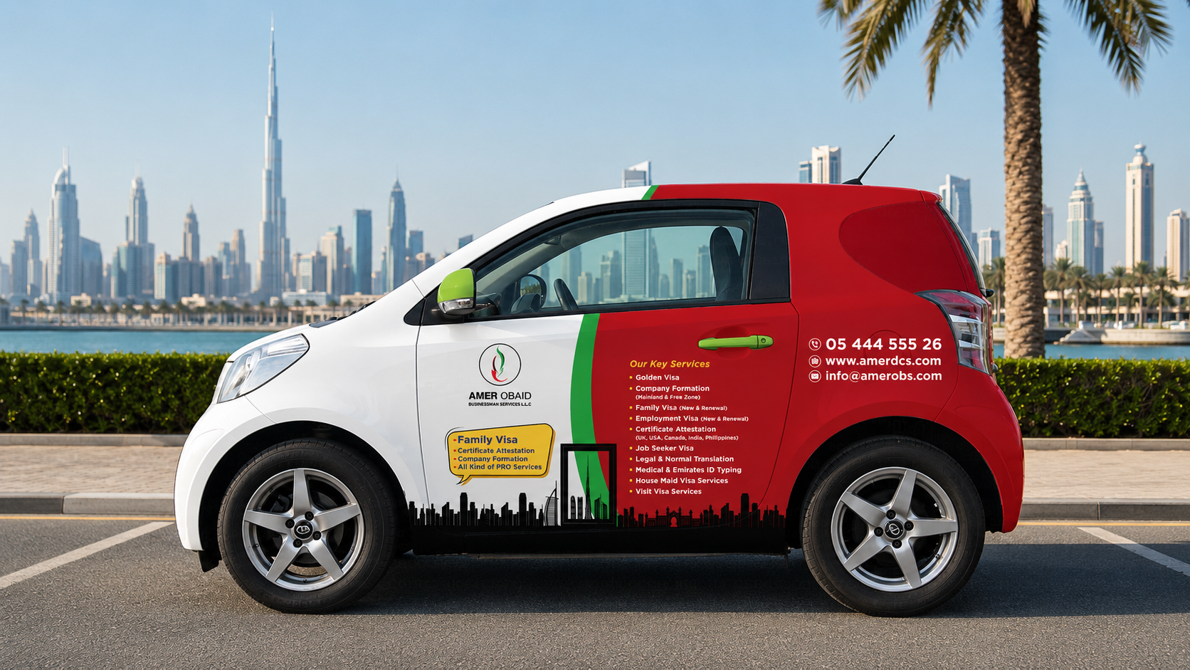 Amer Obaid branded fleet vehicle — front view showing service list